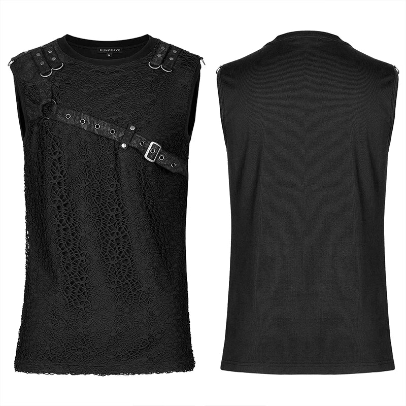 PUNK RAVE Men's Punk Style Daily Stylish Mesh V-neck Short Sleeve T-shirt Men Tank Casual Tops Spring and Summer Tees