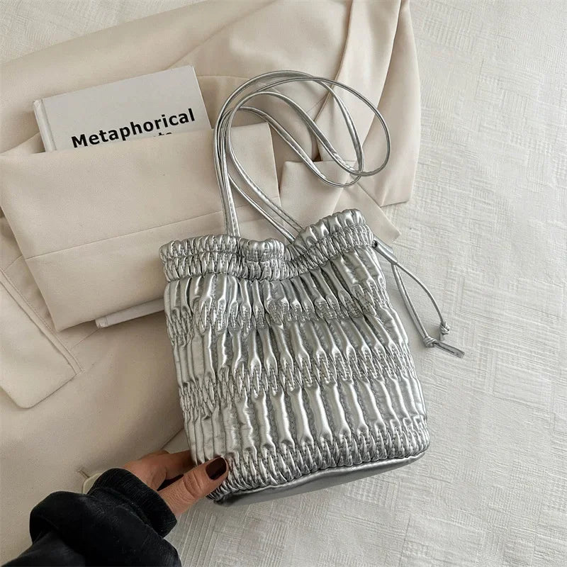 Silver Pleated Drawstring Shoulder Bucket Bags Women Designer Soft PU Leather Small Handbags Female Casual Purse Underarm Bag