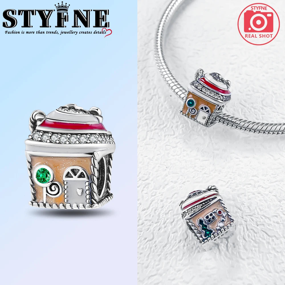 925 Sterling Silver Winter Christmas Cottage Sleigh Charm Beads Fit Bracelet Original Women Jewelry DIY Jewelry Making