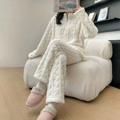 1 Set Winter Women Pajamas Warm Plush 2-Piece Sleepwear Set Stylish Solid Color Elastic High Waist Pullover Pajama Suit