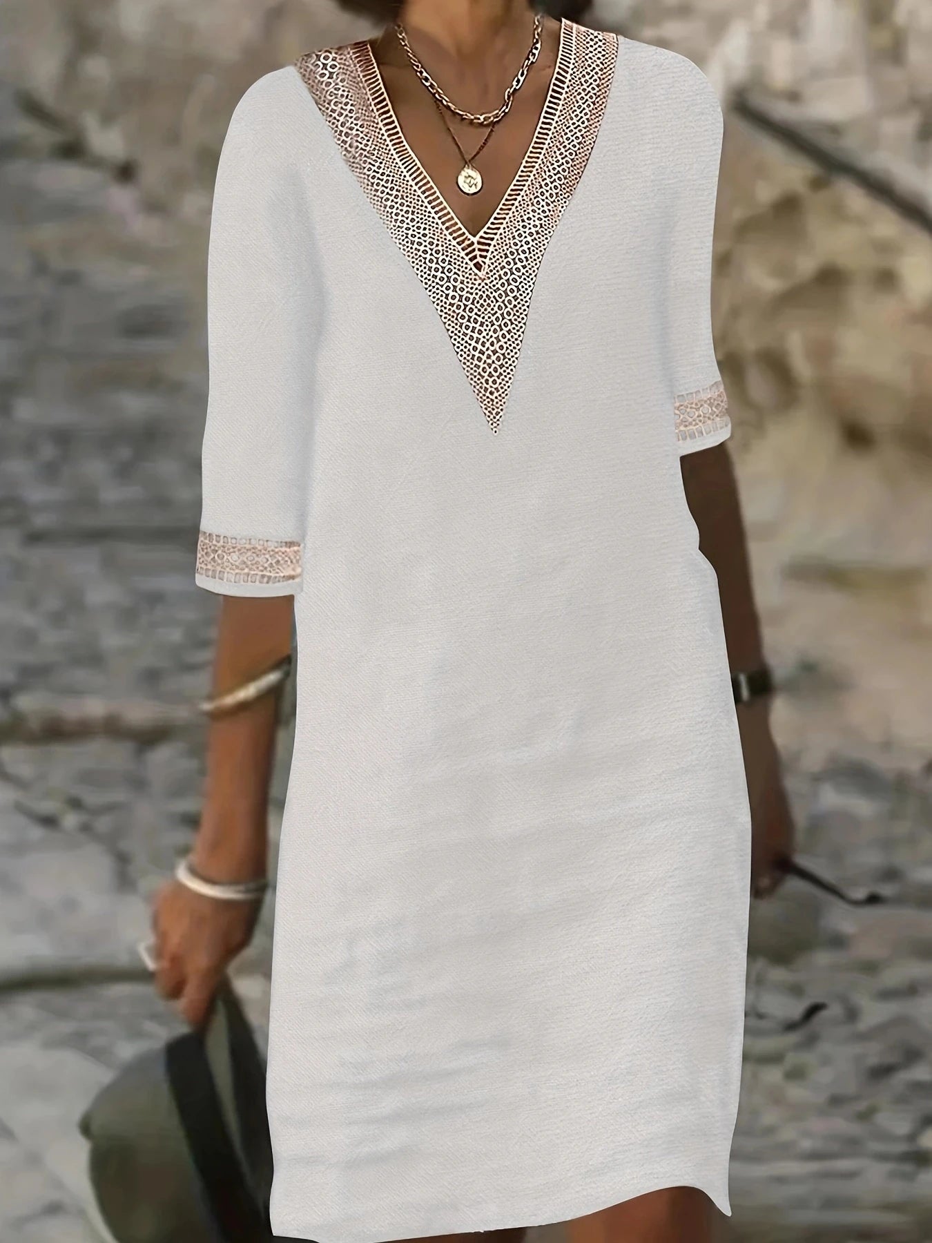 Chic Guipure Lace V-Neck Tunic Dress - Easy-Care, Knee-Length, All- Season Comfort with Stylish Hollow Details