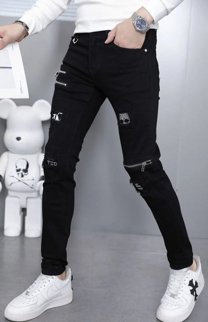 2024 Spring and Autumn Fashion Black Ripped Stretch Jeans Men's Casual Slim Breathable High-Quality Straight Leg Pants 28-36