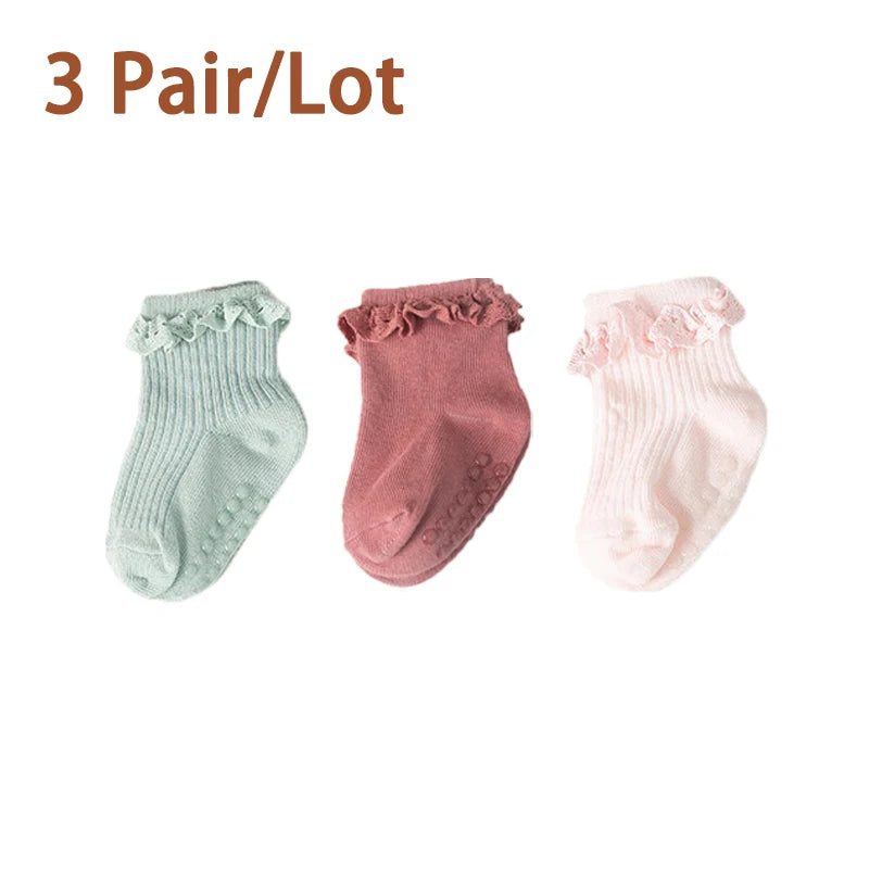 3/5Pair/Lot New Baby Children's Non-slip Autumn Winter Cotton Socks Solid Color Baby Foot Socks Girls Breathable Ruffled Socks