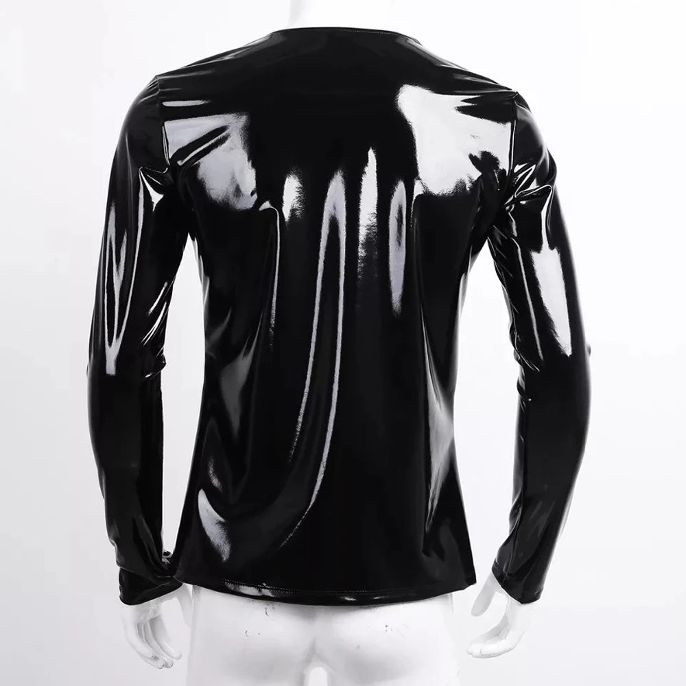 S-7XL Shiny Faux PU Leather Long Sleeve T Shirt Men Wet Look PVC Hot Shapers Tights Shapewear Tshirt Sexy Tee Shirts Tops Body