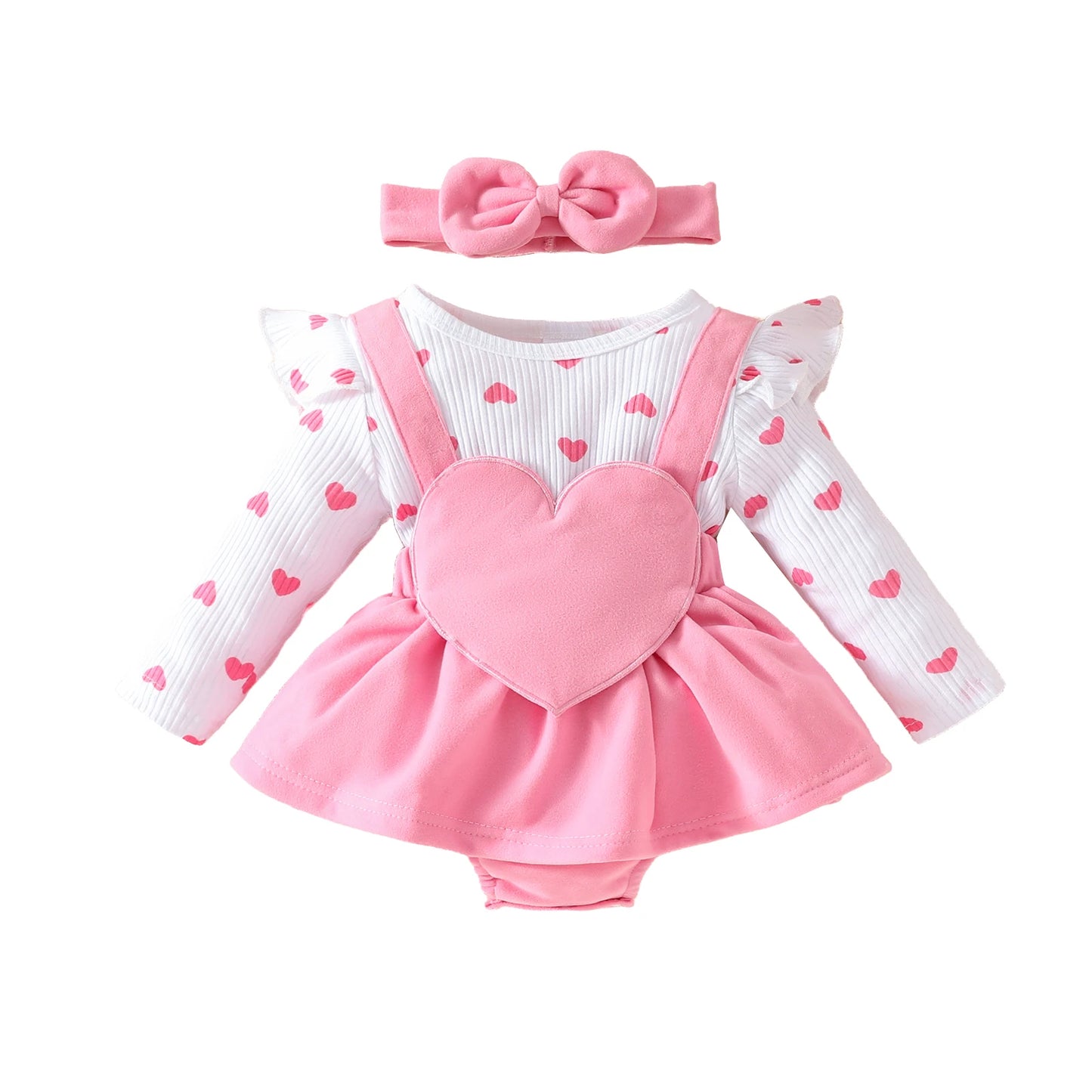 2 Pcs Baby Sweet Love Heart Fake Strap Long Sleeve Triangle Climb Dress Baby Girl Valentine's Day Triangle Onesie Dress+Bow Head