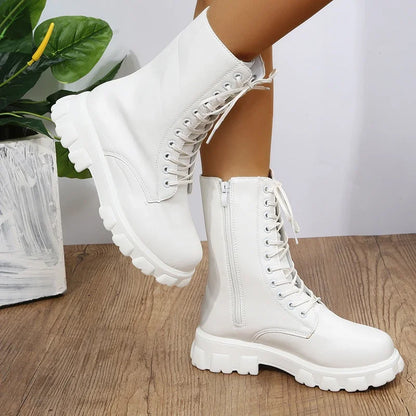 2024 Boots Women  Autumn Winter PU Leather White Ankle Boots Motorcycle Botines Female Chunky Heels Platform Boots Botas Mujer