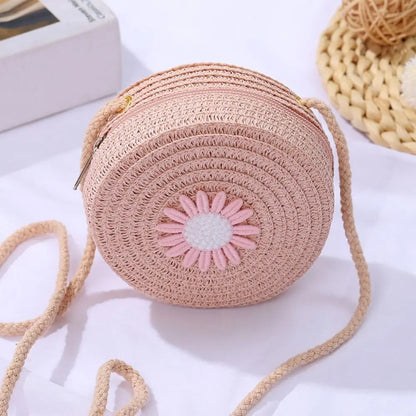 Round Straw Bag Women Woven Crossbody Beach Bag for Ladies Cute Rattan Handmade Knitted Shoulder Bag Candy Color Small Handbag