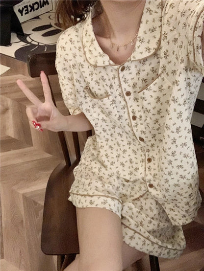 Women's Pajamas New Summer Short Sleeve Soft Sleepwear Set Grid Cartoon Printed Pyjama Woman Home Nightwear Set Cardigan