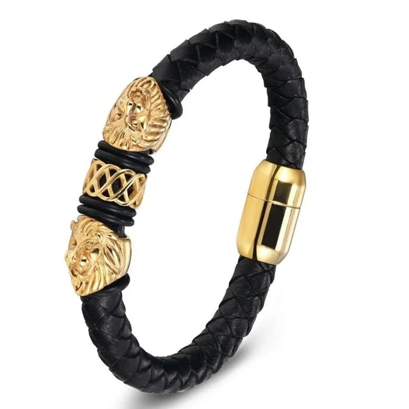 Fashion Gold Color Lion King Stainless Steel Braided Chain Bracelet Domineering Men\\'s Rock Wristband Alloy Lion Head Jewelry