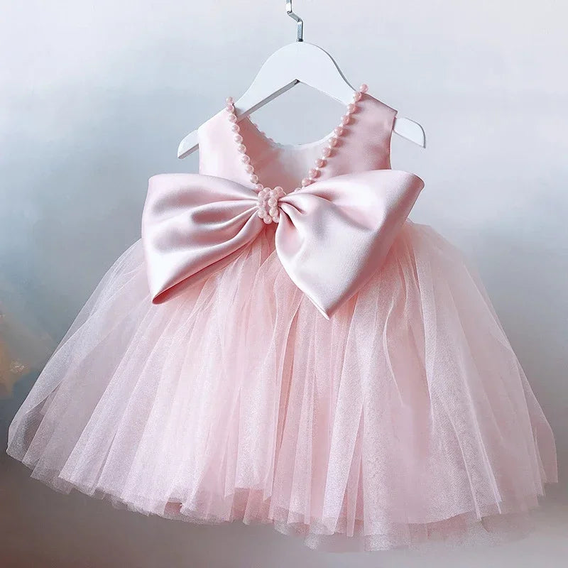 Toddler Kids Big Bow Princess Dresses V-Back Infant 1st Birthday Baptism Party Tutu Gown Cute Baby Girls Clothes Summer Dresses