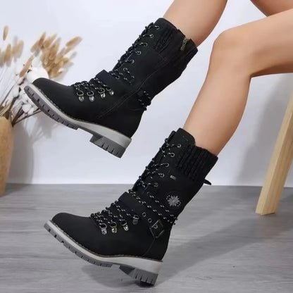 2024 Winter Outdoor Shoes for Women Side Zip Women's Mid-Calf Boots Square Heel Casual Women's Shoes Med Heel Ladies Boots