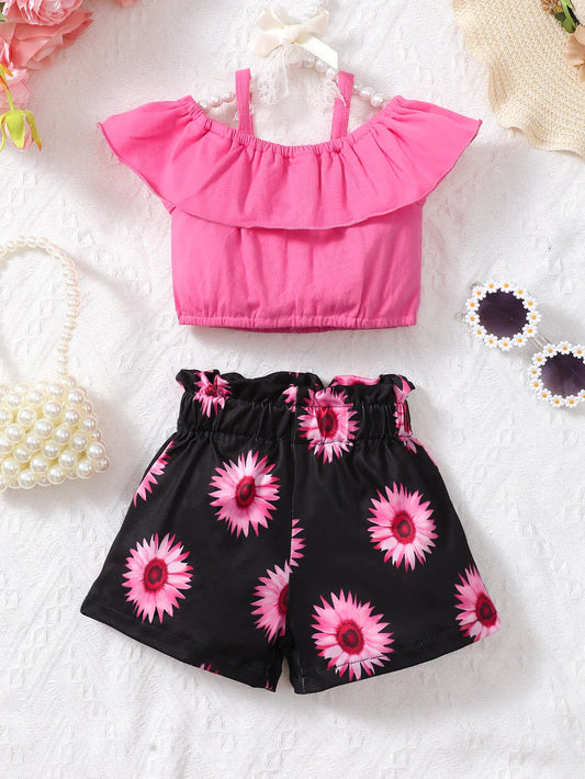 Fashionable Baby Girl Summer Vacation Lace Shoulder Strap Top With Floral Sunflower Print Shorts Set