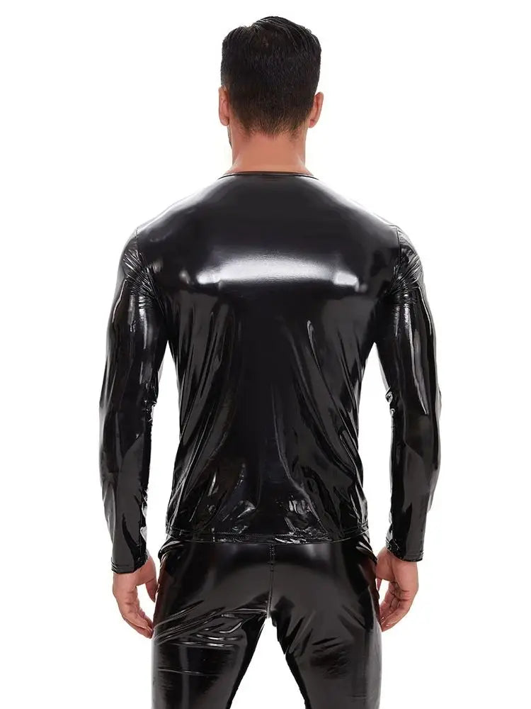 S-7XL Shiny Faux PU Leather Long Sleeve T Shirt Men Wet Look PVC Hot Shapers Tights Shapewear Tshirt Sexy Tee Shirts Tops Body