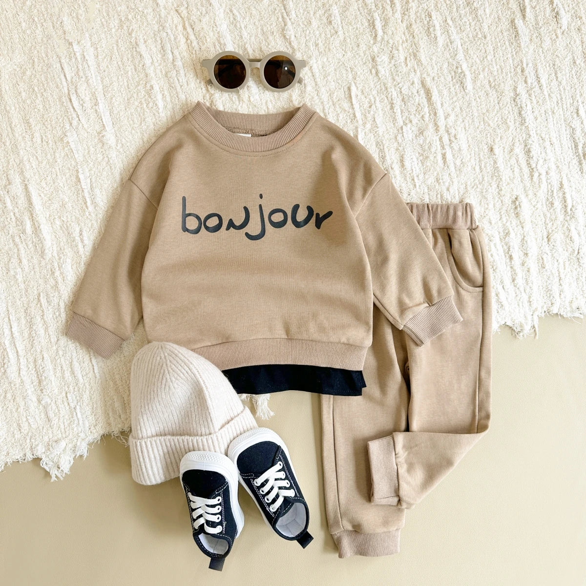 Baby Boy Clothes Set "BONJOUR" Letter Sweatshirt Hoodie+Pant Child Long Sleeve Clothing Suit Casual Letter Pullover Baby Clothes