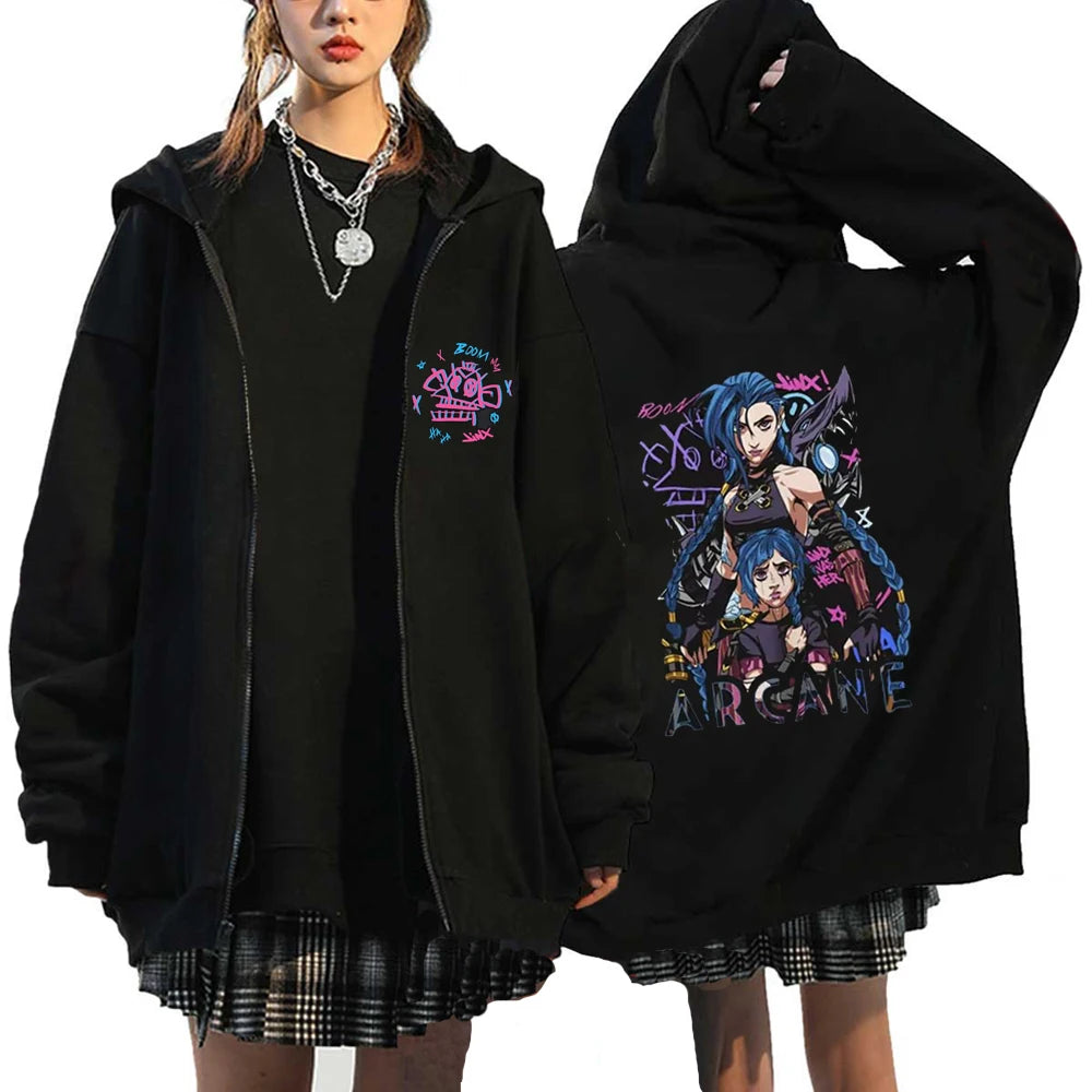 Arcane Jinx Graphic Zipper Hoodie Men's Women's Monkey Graffiti Sweatshirt Game Lover Oversized Zip Up Jacket Unisex Streetwear