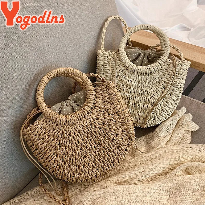 Yogodlns Handmade Half-Round Rattan Woven Straw Bag Summer Women Messenger Crossbody Bags Girls Small Beach Handbag New