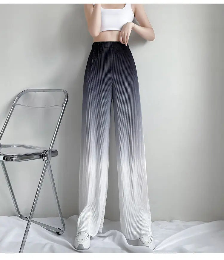 2022 Summer New Gradient Color Ice Silk Wide Leg Pants High Waist Thin Loose Straight Casual Trousers Comfortable Women Clothing