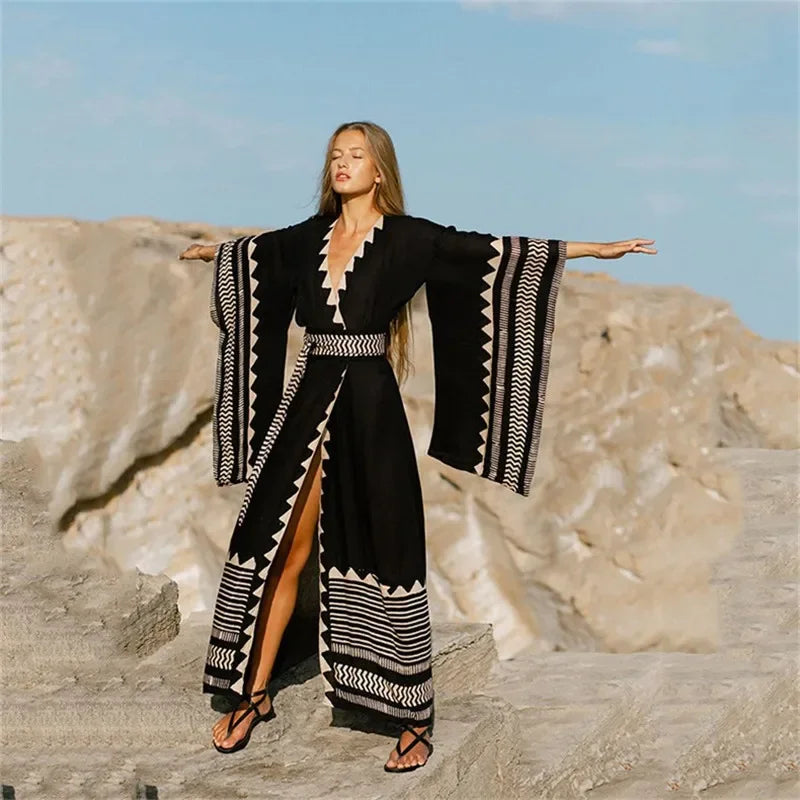 2024 Self Tight Black Embroidered Women kaftan kimono Tunic Summer Beach Dress Plus Size Beach Wear Swim Suit Cover Up outfits