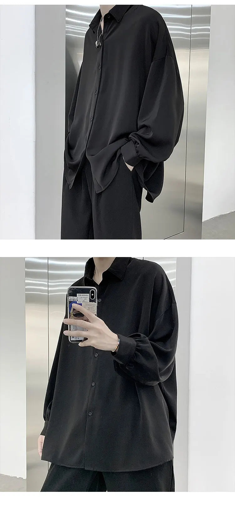 Free Black Tie Long-sleeved Shirts Men Korean Comfortable Blouses Casual Loose Single Breasted Shirt Mens Tshirt Harajuku