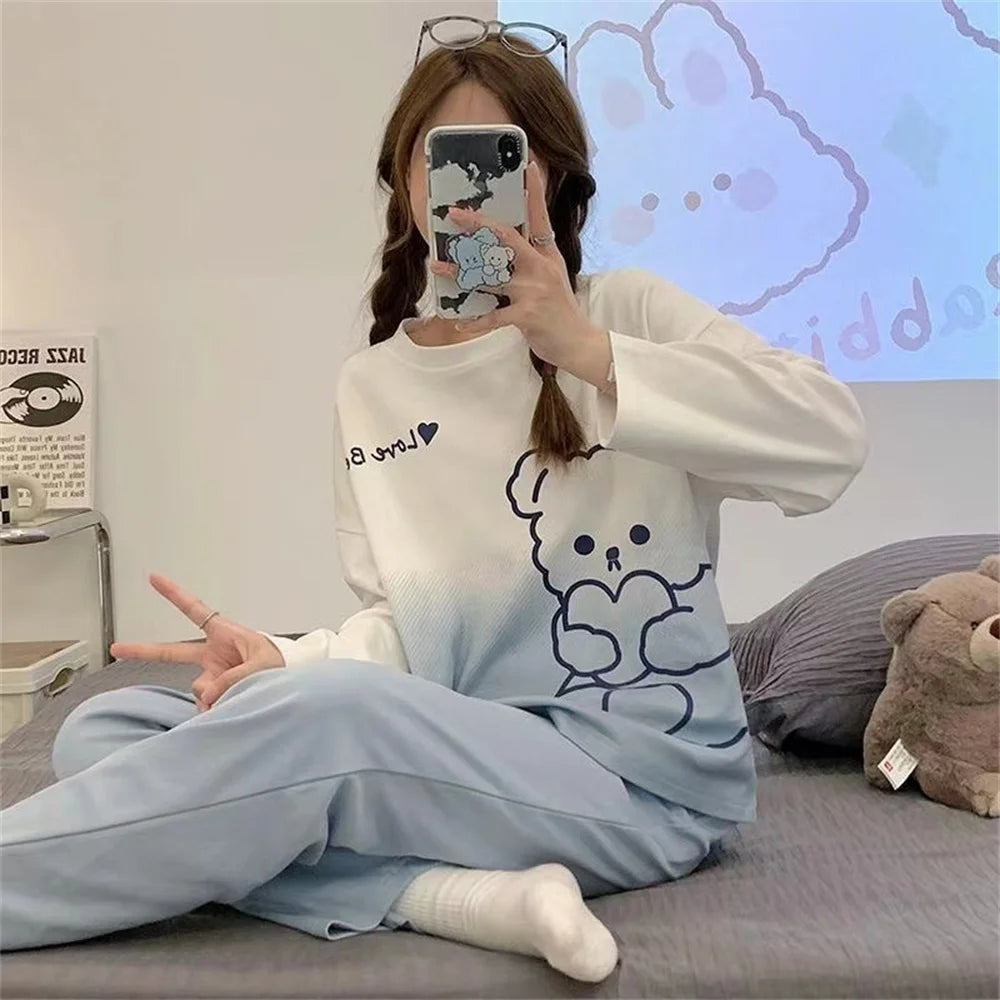 2PCS/Set Women's Clothes Spring and Fall Pajamas Long-Sleeved Cartoon Cute Sweet Floral Young Girl Homewear Outside Loungewear