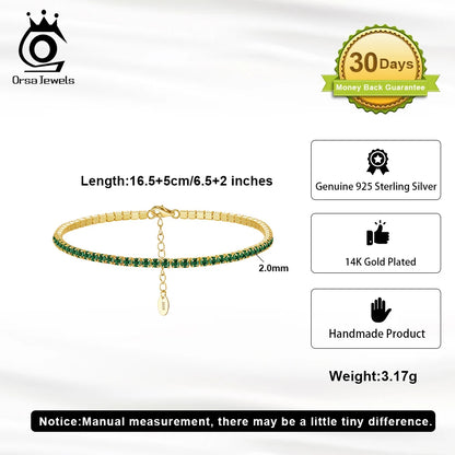 ORSA JEWELS Luxury 925 Sterling Silver Green 4A CZ Tennis Bracelet for Women Adjustable 2mm Zircon Tennis Bracelet Jewelry SB191