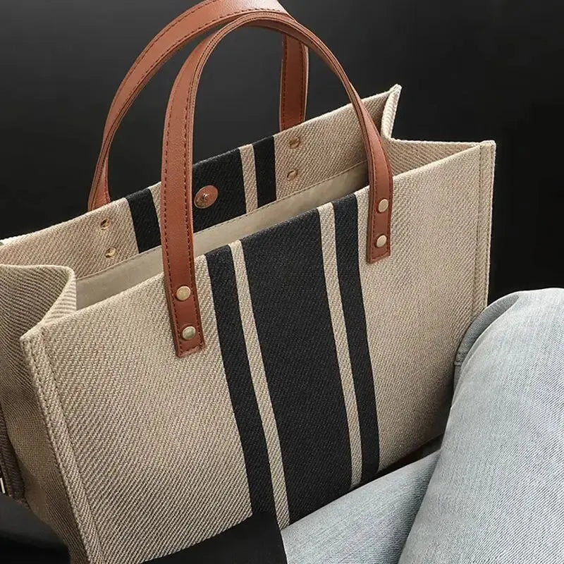 Casual Canvas Stripe Pattern Large Capacity Multifunction Travel Bag Student School Bags Women Daily Totes