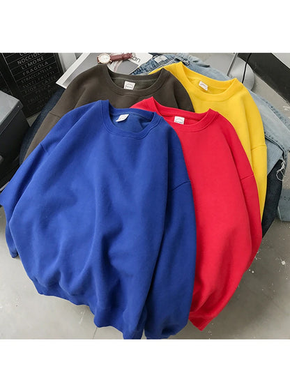 Woman Solid Color O-Neck Sweatshirt Casual Loose Fit Hoodie Harajuku Aesthetic Streetwear Velvet Pullover White Tops Korean Pop