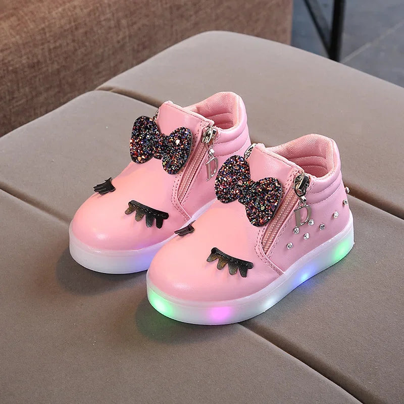 Children Glowing Sneakers Kid Princess Bow for Girls LED Shoes Cute Baby Sneakers with Light Shoes Size 21-30