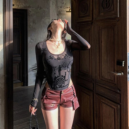 2024 Long Sleeve Black Mesh See Through Sexy Bodycon Bodysuit Spring Summer Women New Outfit Gothic Punk Bodysuits Y2k Clothing