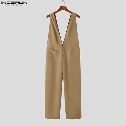 Men Jumpsuits Solid Color Deep V Neck Sleeveless Pocekts Rompers 2023 Streetwear Loose Fashion Casual Men Overalls S-5XL INCERUN