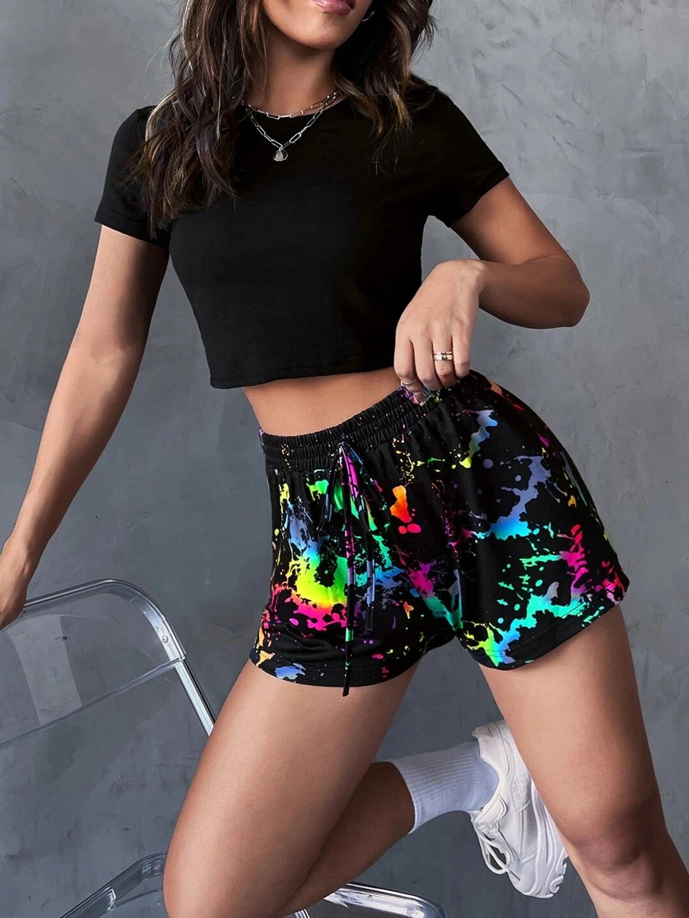 Printed Knitted Elastic Waist Shorts