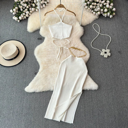 Summer KnittedTwo Piece Dresses Sets Women Skirt Suit Sexy Slim Crop Tops Long Split Skirt Dress Halter Camis With Skirt