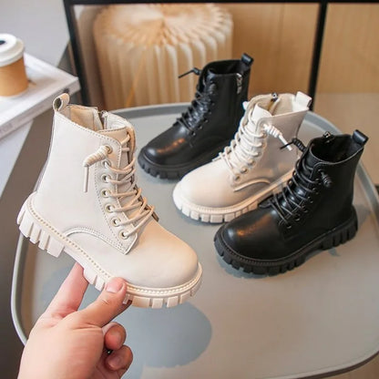 Children's Platform Ankle Boots Autumn Winter Girls Causal Black Leather Boots Fashion Non-slip Kids School Thick Bottom Boots