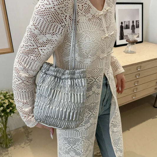 Silver Pleated Drawstring Shoulder Bucket Bags Women Designer Soft PU Leather Small Handbags Female Casual Purse Underarm Bag