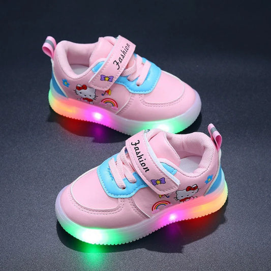 Spring Autumn Baby Girls Hello Kitty Led Light Shoes Children's Sneakers Toddler Anti-slip Walking Shoes Girls Outdoor Shoes