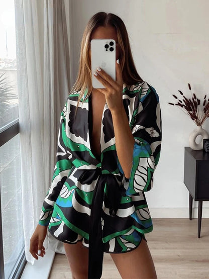 Foridol Oversized Green Print Boho Women Shorts Sets Shirts Shorts Pants Three Pieces Fashion Suits Matching Sets 2024 Summer