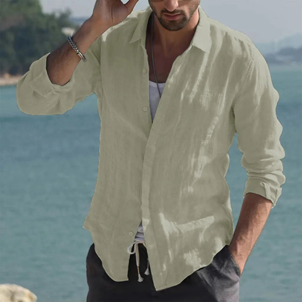 Summer Shirt Beach Cotton Linen Shirts Men Cardigan Tops Long Sleeved Turn Down Collar Slim Fit Large Size