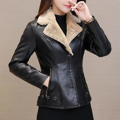 Plush Lapels Faux Faux Leather Jacket For Women Leater Jacket Spring Autumn Slim Fit Cardigan Coat Outerwear Lady Short Jacket