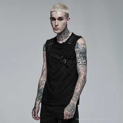 PUNK RAVE Men's Punk Style Daily Stylish Mesh V-neck Short Sleeve T-shirt Men Tank Casual Tops Spring and Summer Tees