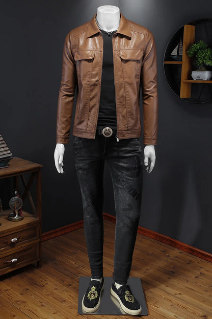 Men's Jacket Spring and Autumn Handsome Solid Color Collar Motorcycle Leather Coat Slim Fashion Leather Jacket M-5XL