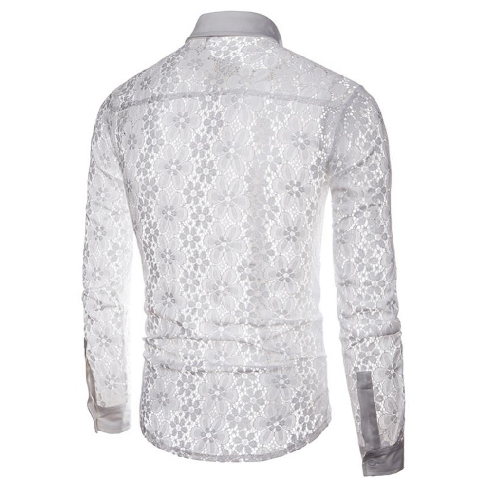 Turn Down Collar Cotton Men Shirts Long Sleeve Buttons Shirt Men Solid Color Sexy Lace See Through Clubwear Down Shirt