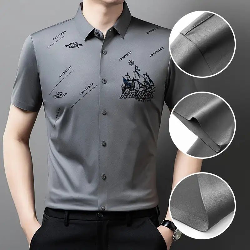 Men's Business Short Sleeves Button Down Shirt Printed High Elastic And Non Ironing Shirt High Level Business Casual Shirt