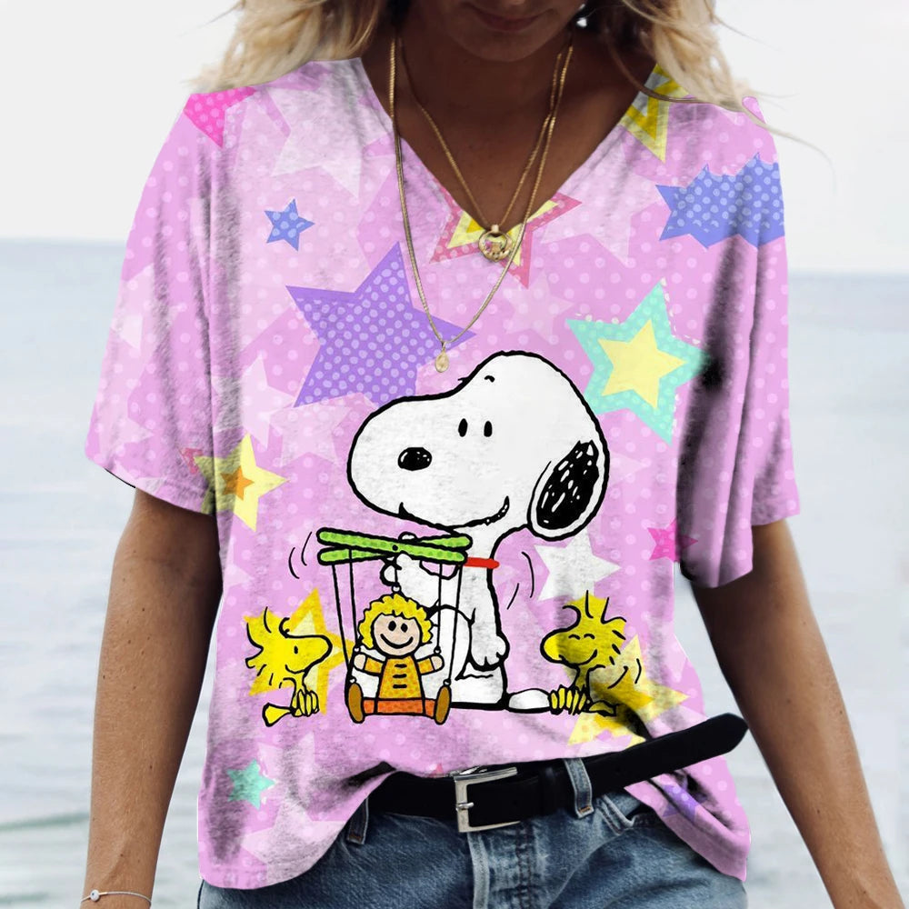 Women's T-shirts Disney Snoopy 3D print New V-neck Short Sleeve Summer Casual Women's Clothing Harajuku Y2K Hip Hop Clothe