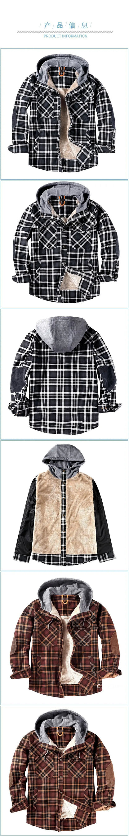 Men Winter Plaid Shirts Coats Hooded Fleece Jackets Harajuku Lg Sleeonve LoosCae sual Shirts Jackets European Style Size S-2XL