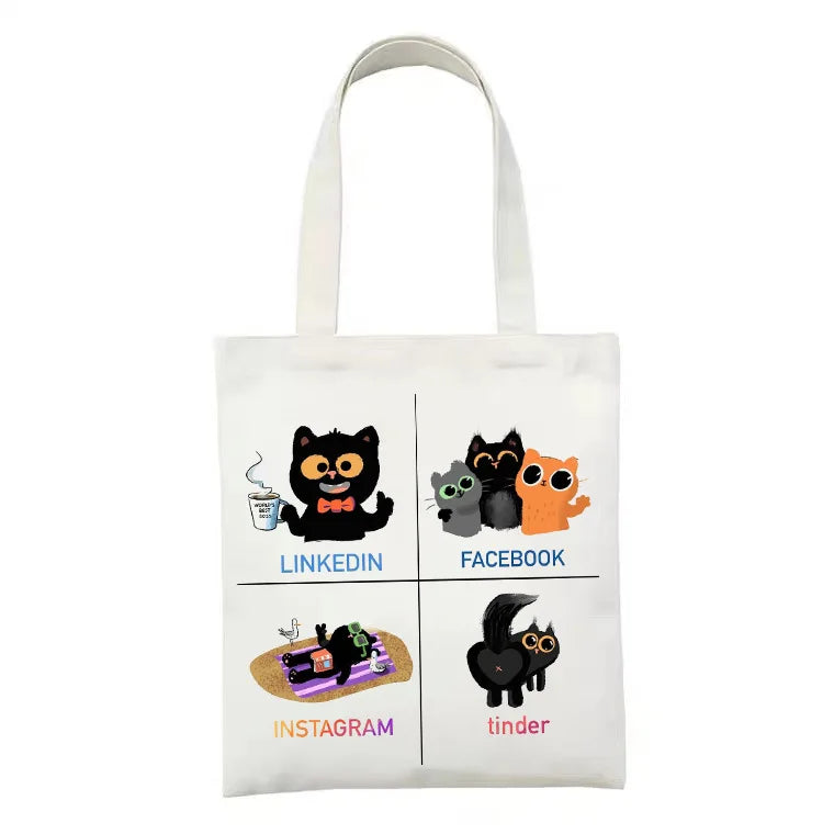 Cute Tote Bag Animals Black Cat Print Canvas Bag Eco Shopping Bag Daily Use Foldable Handbag Large Capacity Canvas Tote Women