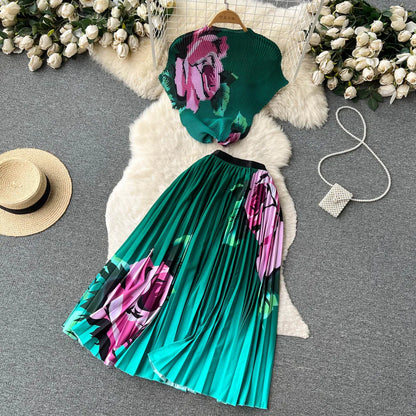 New Summer Runway Pleats Floral Print Two Piece Set Women Half High Collar Stretch Top+Elastic Waist Long Pleated Skirt Outfits