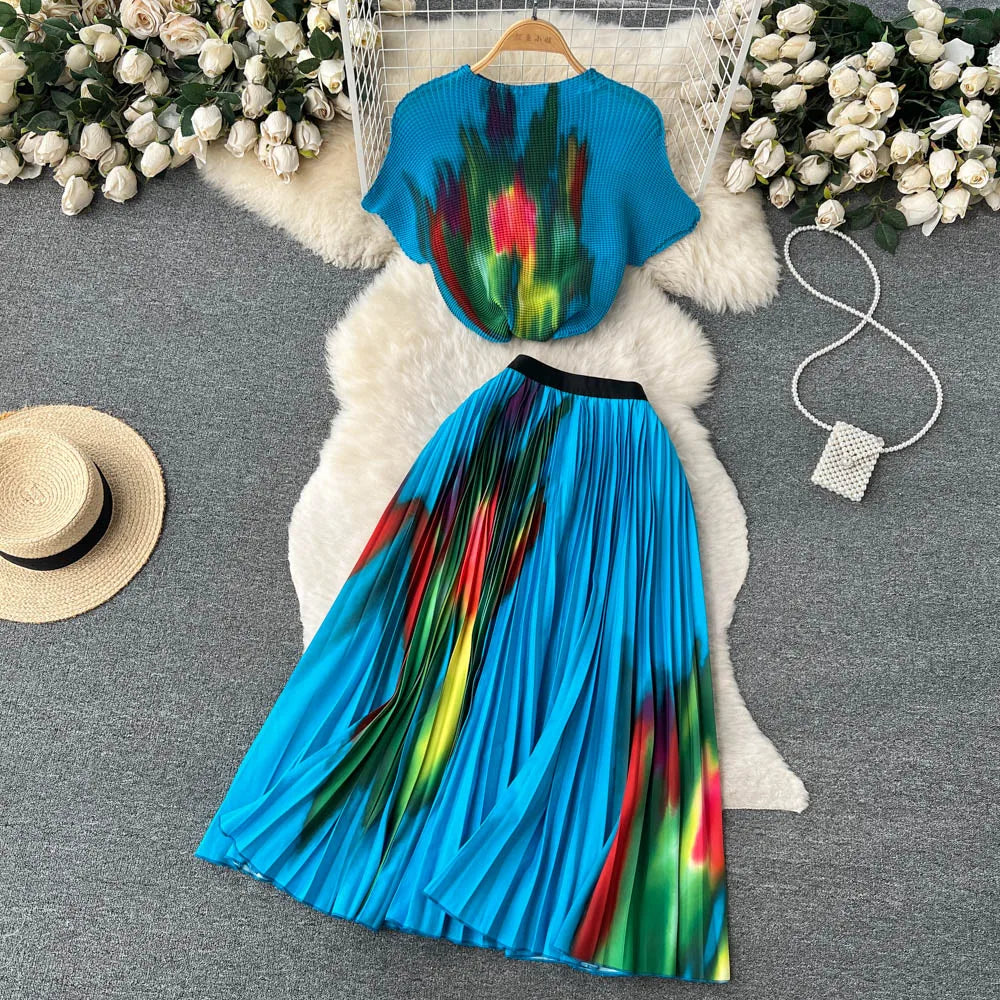 New Summer Runway Pleats Floral Print Two Piece Set Women Half High Collar Stretch Top+Elastic Waist Long Pleated Skirt Outfits