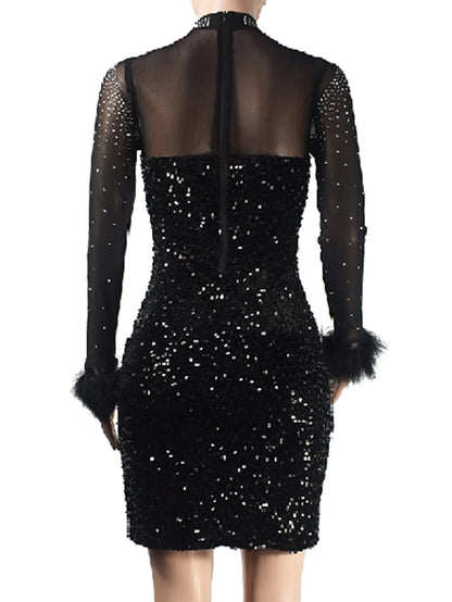 Sexy see through black sequin bodycon dress women mini evening dresses Long sleeve rhinestone Club birthday party dress vestidos