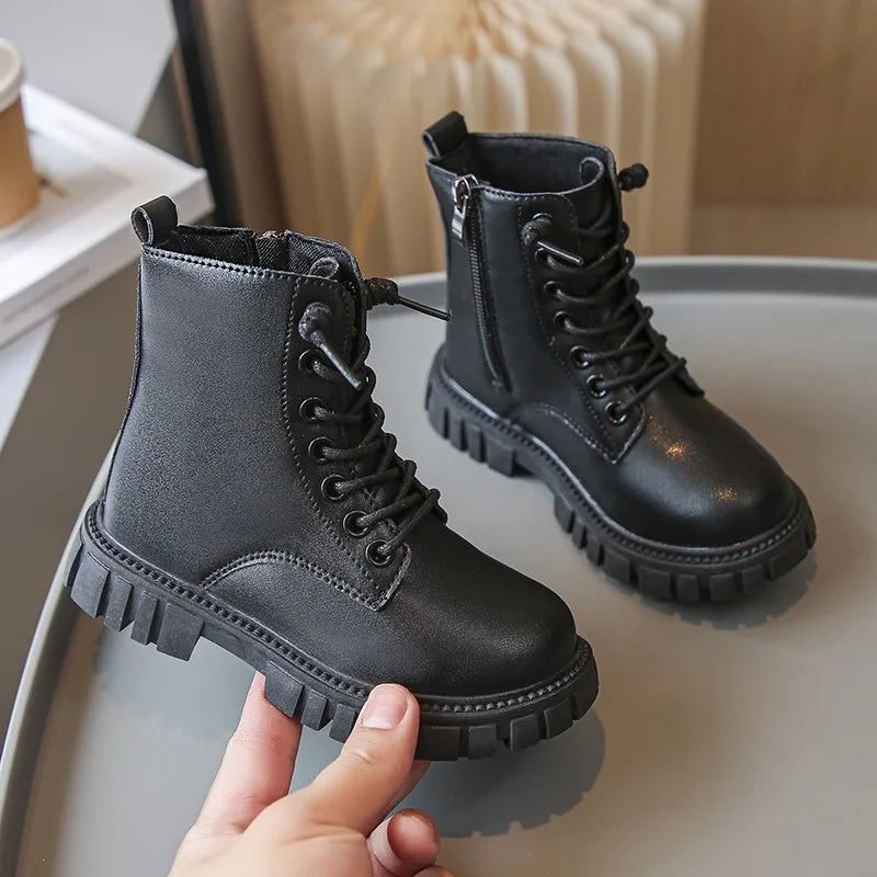 Children's Platform Ankle Boots Autumn Winter Girls Causal Black Leather Boots Fashion Non-slip Kids School Thick Bottom Boots