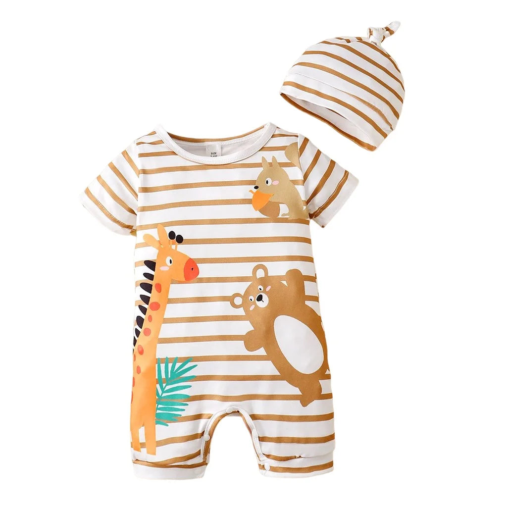 Baby Boy Cute Animals Romper Striped Short Sleeve Jumpsuit+Hat 2PCS Summer Korean Style Clothes Suit for Toddler Boy 3-24Months